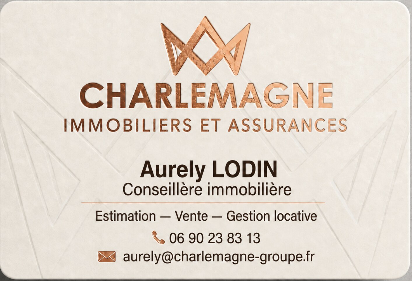 Carte de visite d’Aurely LODIN — Charlemagne Immobiliers et Assurances
