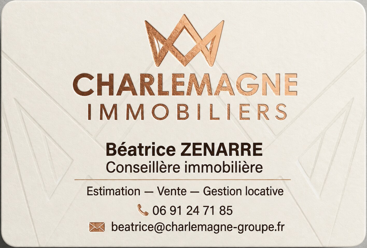 Carte de visite de Béatrice ZENARRE — Charlemagne Immobiliers